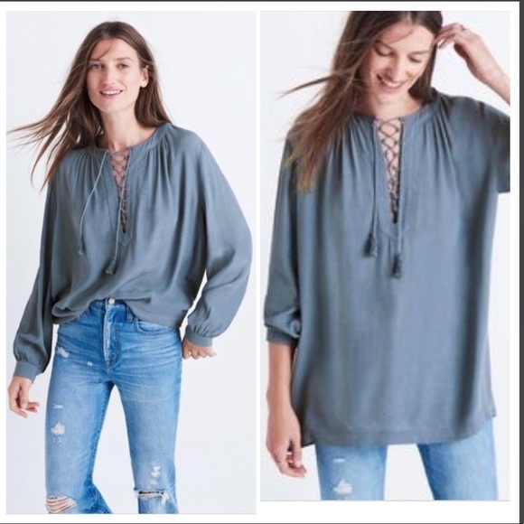MADEWELL | Lace up Tassel Peasant Top Long Sleeve - Picture 2 of 6